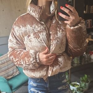 Fabletics Crushed Velvet Puffer Jacket in Mauve Taupe